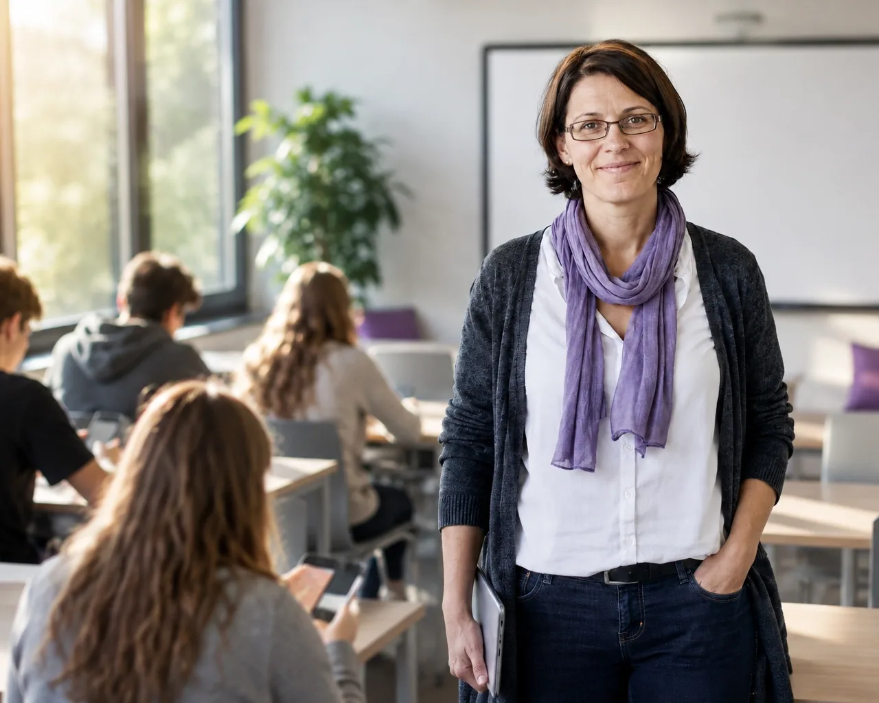 Lehrerin im Klassenzimmer, dahinter arbeiten Jugendliche an ihren Tischen