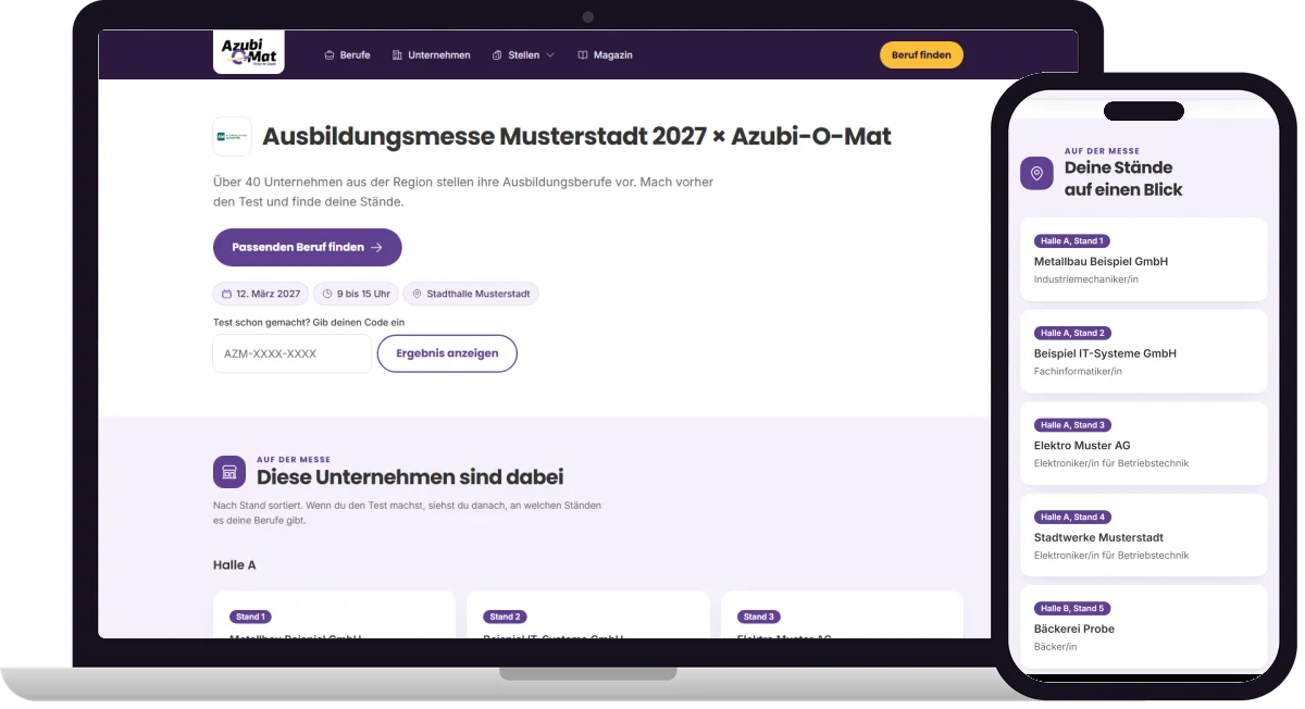 Messeseite am Laptop und Ergebnis mit Ständen am Smartphone